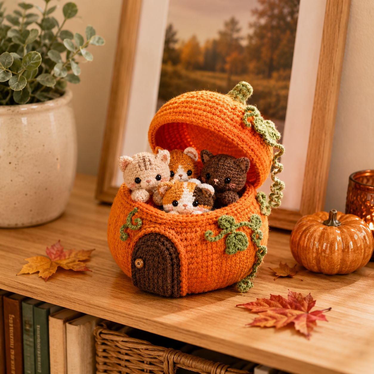 Crochet Pumpkin Cat House with 4 Kittens – Cute Fall & Halloween Home Decor, Cozy Cat Lover Gift 🐱🍂-HandPrint