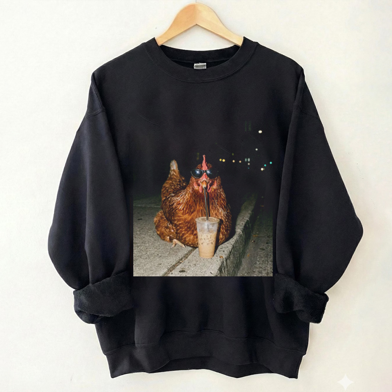 Chicken Drinking Iced Coffee Sweatshirt-NaturexCraft