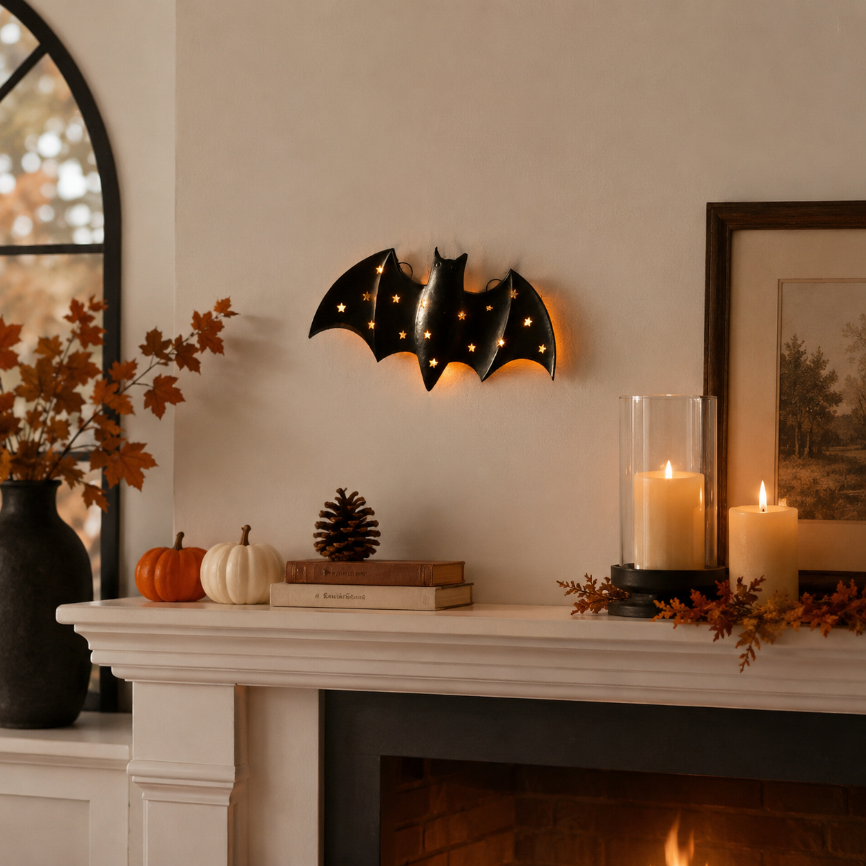 1pcs / Lighted Metal Bat Wall Decor -- 7.9 x 3.9 in Black Iron Bat Wall Hanging with Warm LED Glow-HandPrint