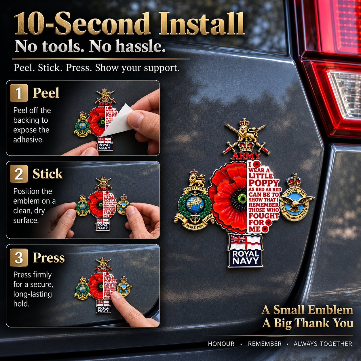 🌺 British Armed Forces “Lest We Forget” Remembrance Poppy Tribute Metal Car Emblem-HandPrint