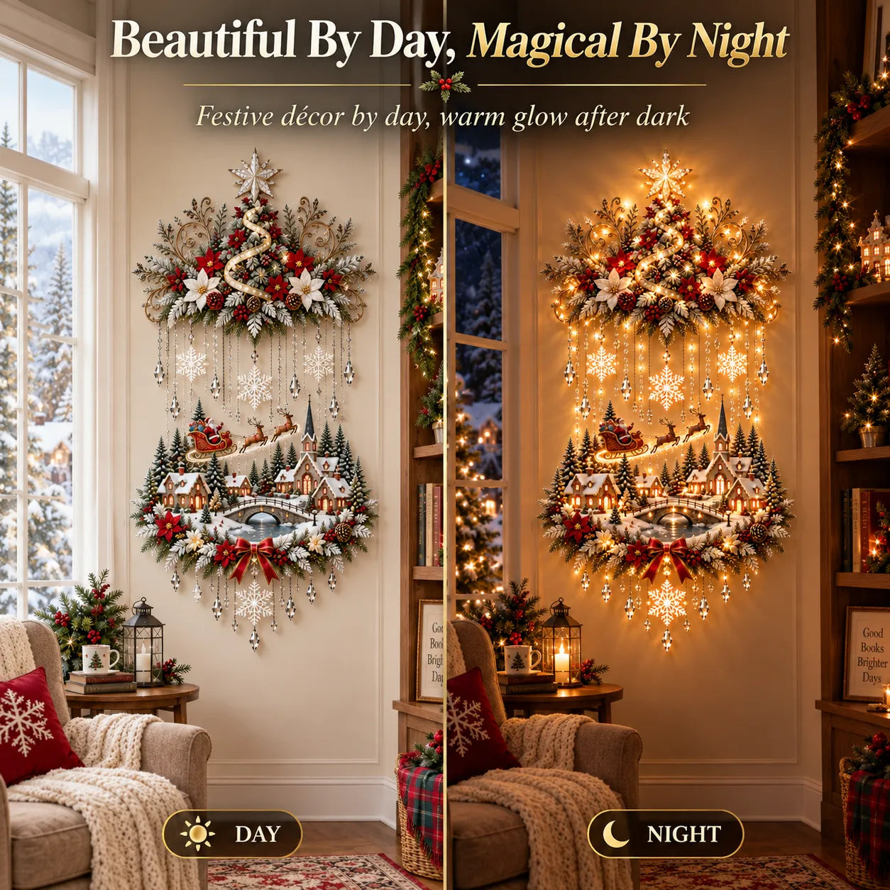 🎄 Illuminated Christmas Tree & Village Wall Hanging | Cascading Warm Lights for Living Rooms, Entryways & Staircases ✨-HandPrint
