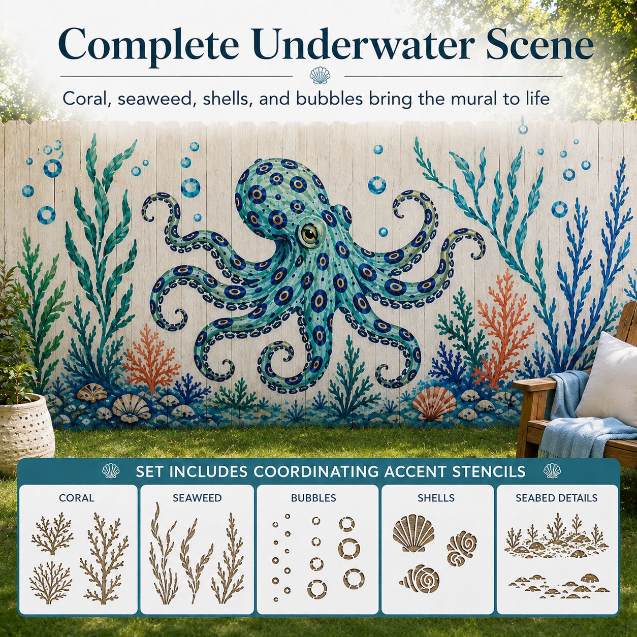🔥 LAST DAY 49% OFF – 🐙Reusable Ocean Octopus Mural Stencil Set | Bring Plain Walls & Fences to Life with a Bold Underwater Scene 🌊🎨✨-HandPrint
