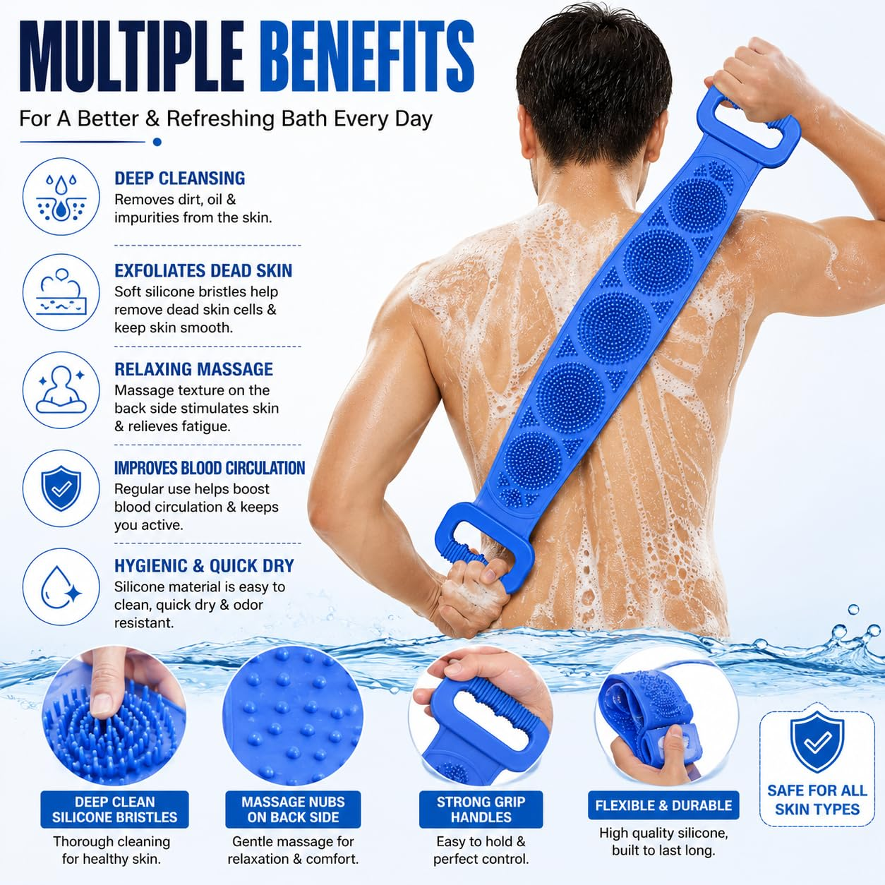 🧼Silicone Back Scrubber for Bath, Double-Sided Body Exfoliating Bath Brush with Soft Silicone Bristles-HandPrint