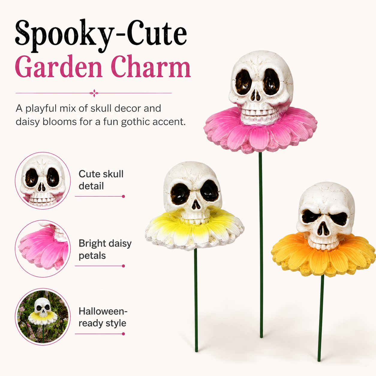 3pcs/Lot Gothic Dark Skull And Flower Figurine-HandPrint