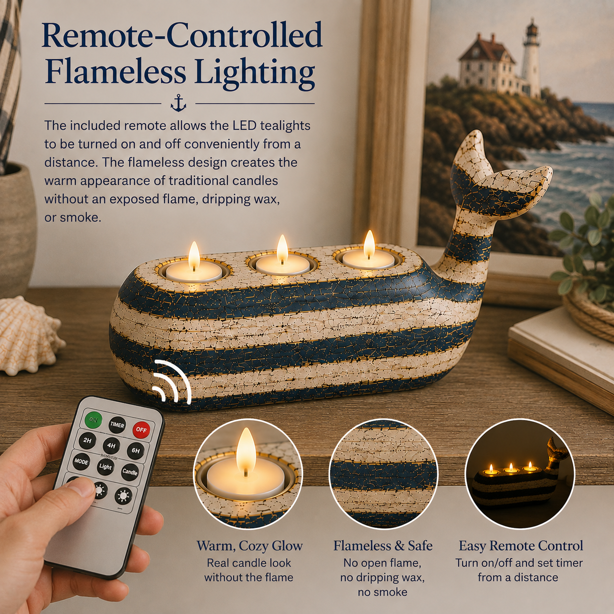 Vintage Coastal Whale Remote-Control LED Tealight Holder-HandPrint