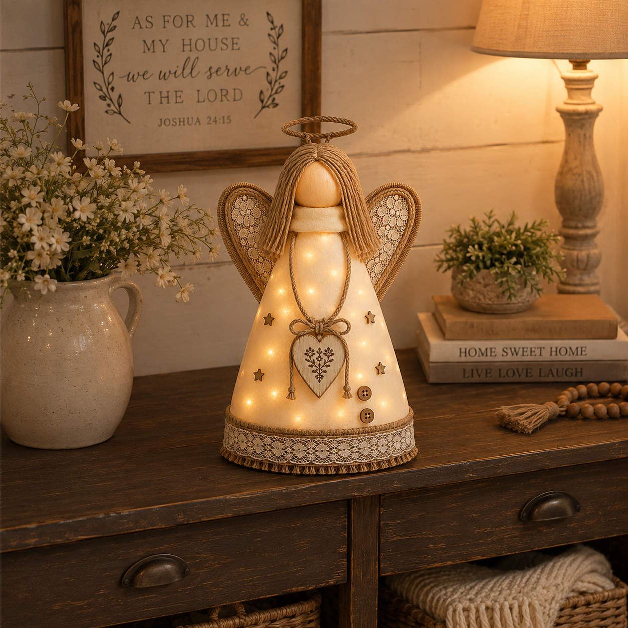 Rustic Angel Table Lamp with Warm LED Lights-HandPrint