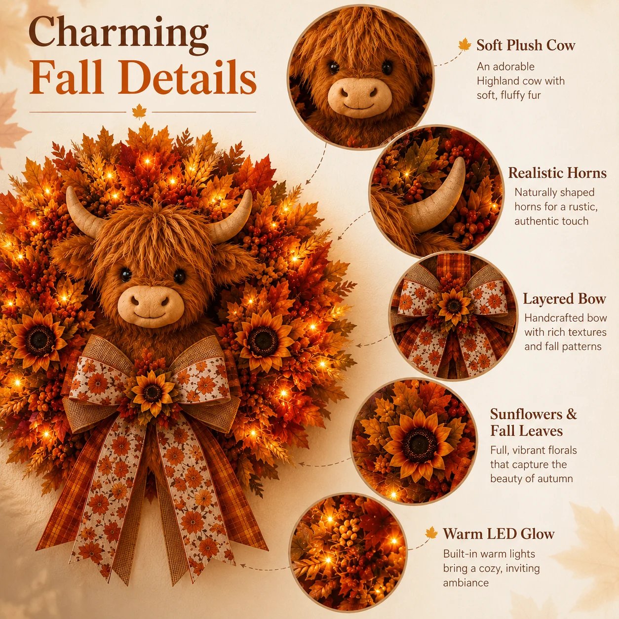 🍂🐮Autumn Highland cow wreath decoration with lights-HandPrint