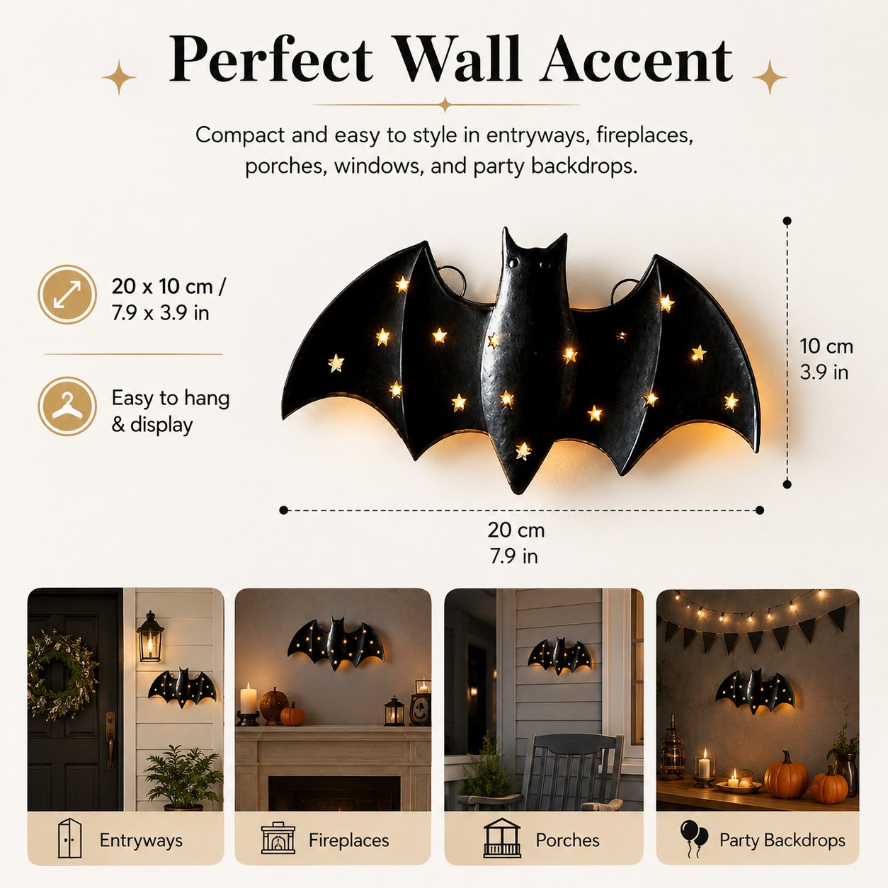 1pcs / Lighted Metal Bat Wall Decor -- 7.9 x 3.9 in Black Iron Bat Wall Hanging with Warm LED Glow-HandPrint