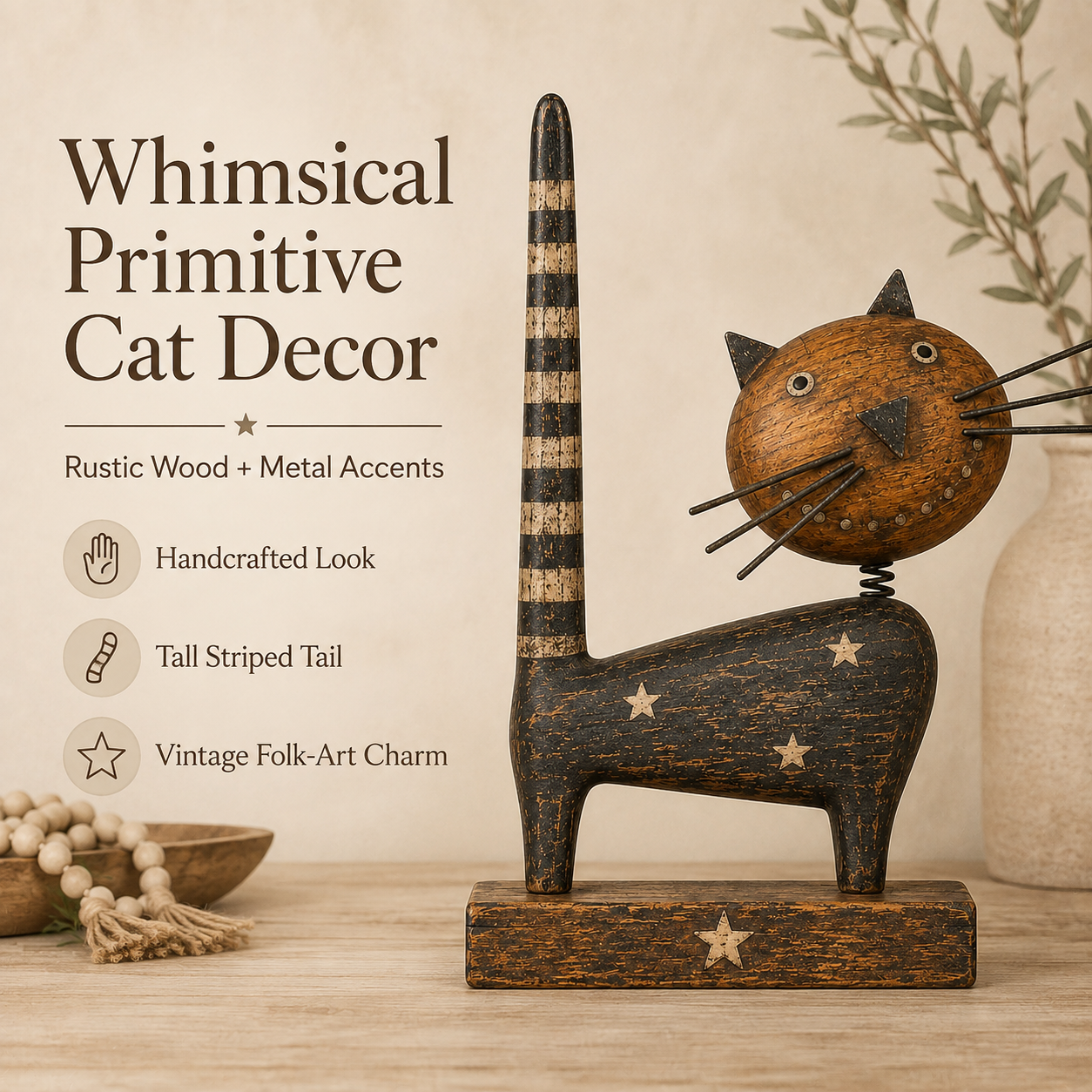 Vintage Primitive Wooden Cat with Metal Accents-HandPrint