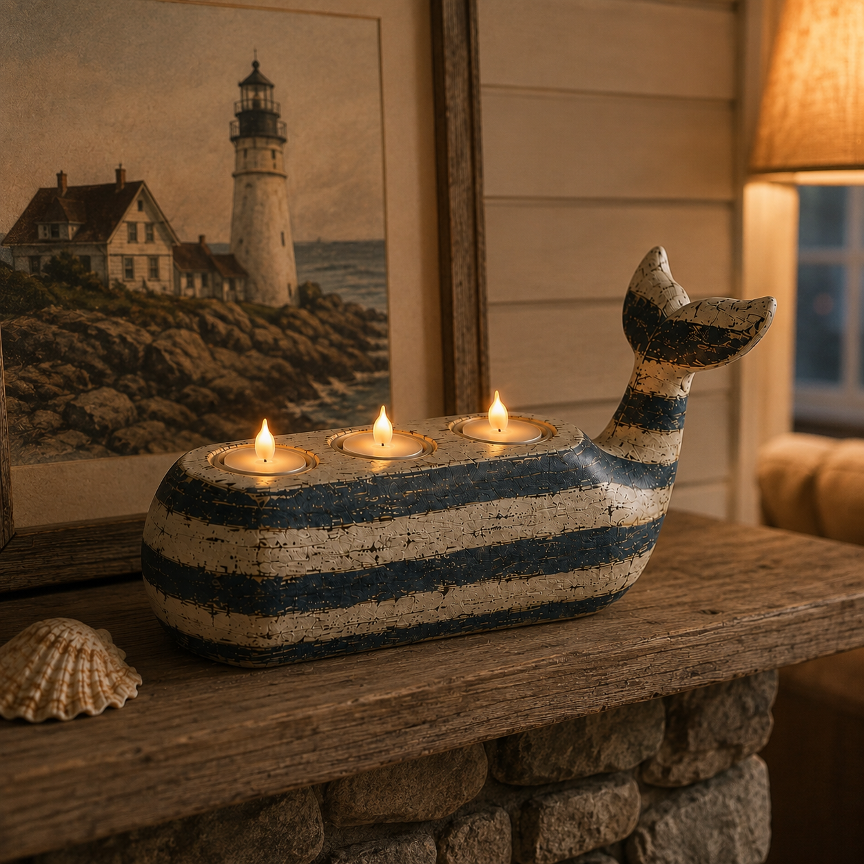 Vintage Coastal Whale Remote-Control LED Tealight Holder-HandPrint