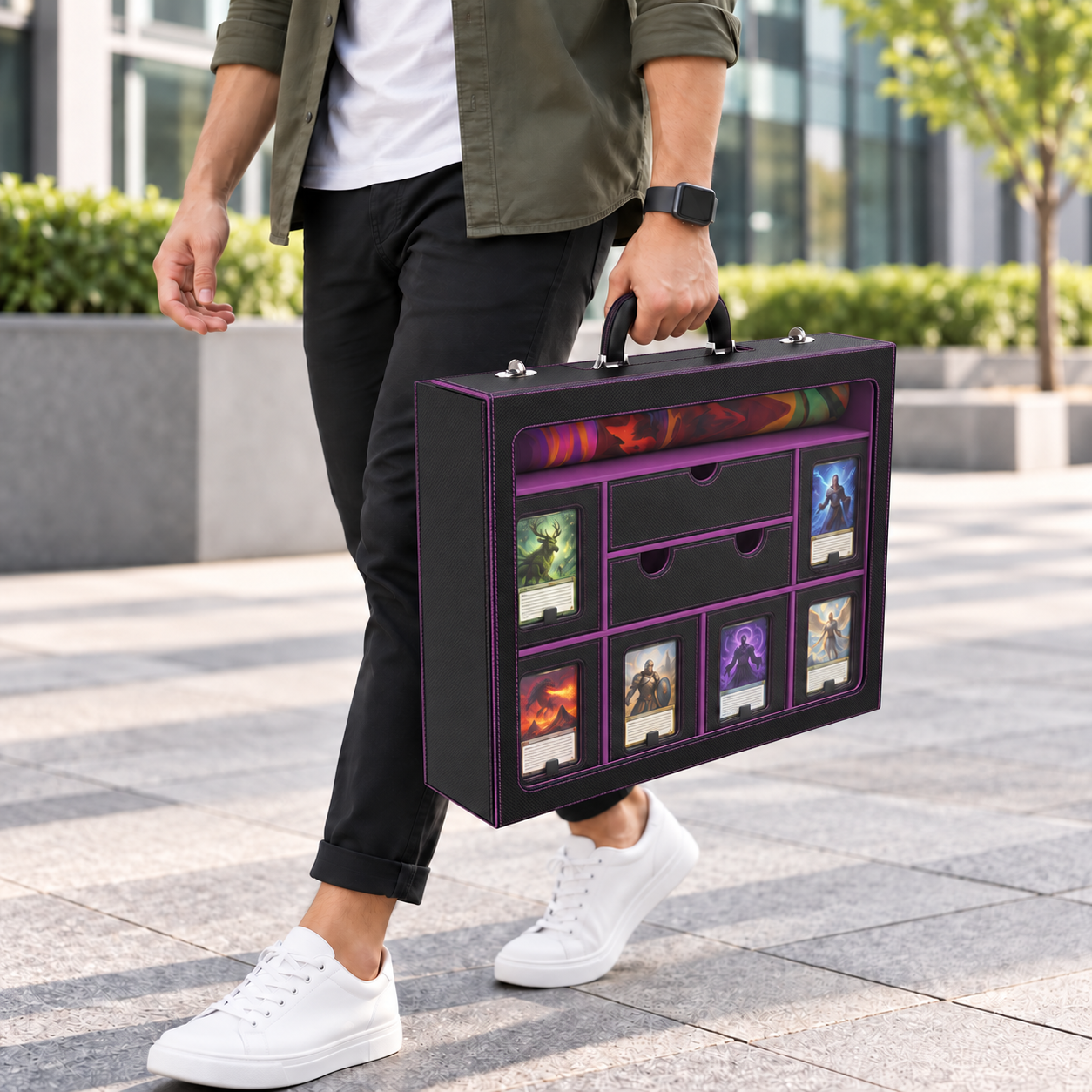 Modular 9-in-1 TCG Deck Box – Holds 6 Decks with Dice Tray, Magnetic Cases, Sleeves & Playmat-HandPrint