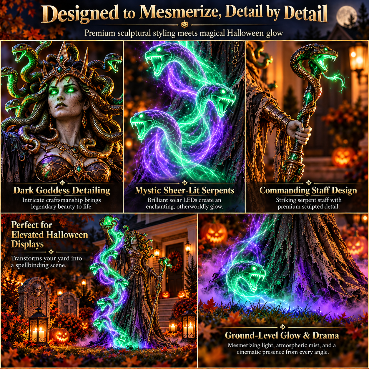 🐍💚 Serpent Queen Lighted Halloween Yard Decor – A Spellbinding Outdoor Showpiece-HandPrint
