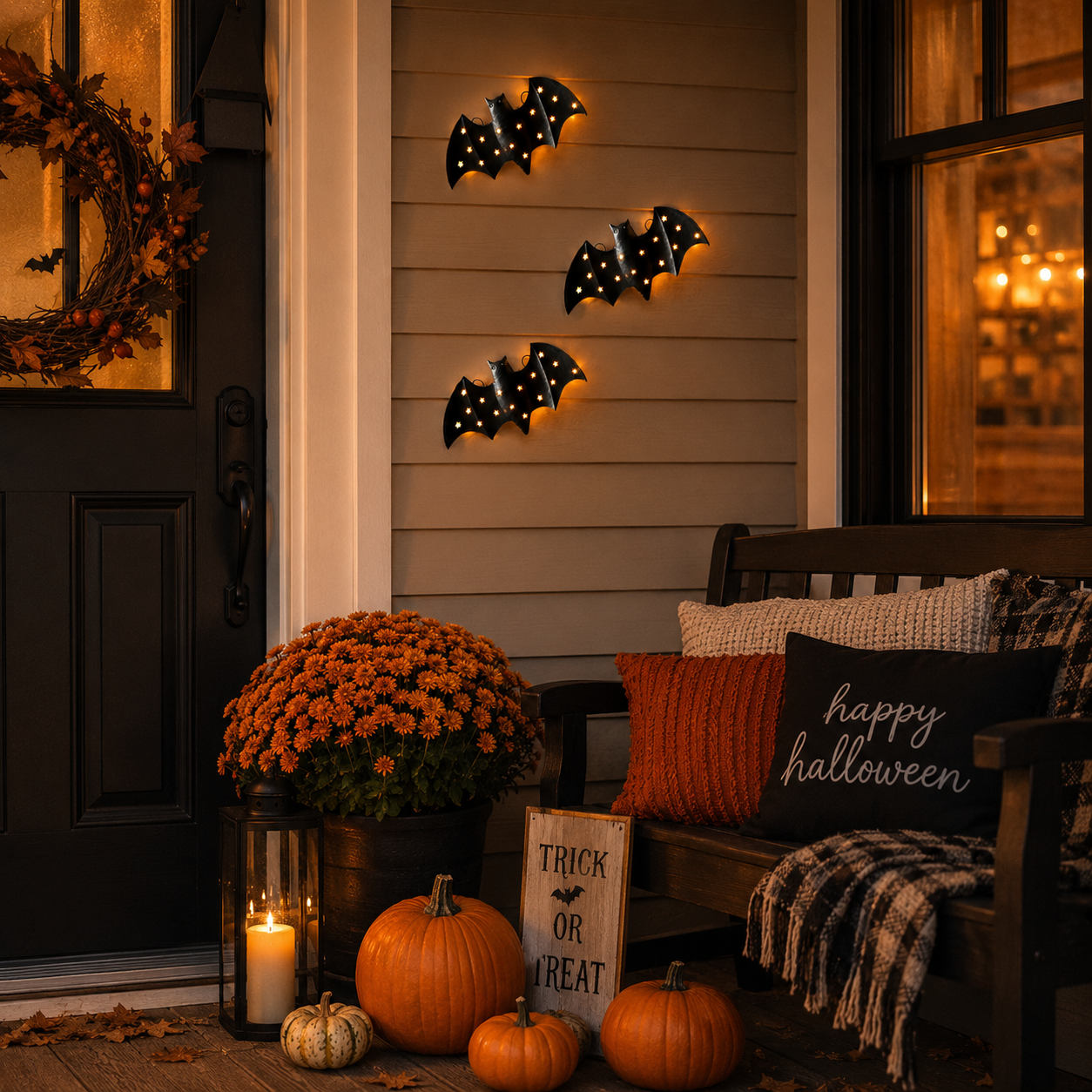 1pcs / Lighted Metal Bat Wall Decor -- 7.9 x 3.9 in Black Iron Bat Wall Hanging with Warm LED Glow-HandPrint