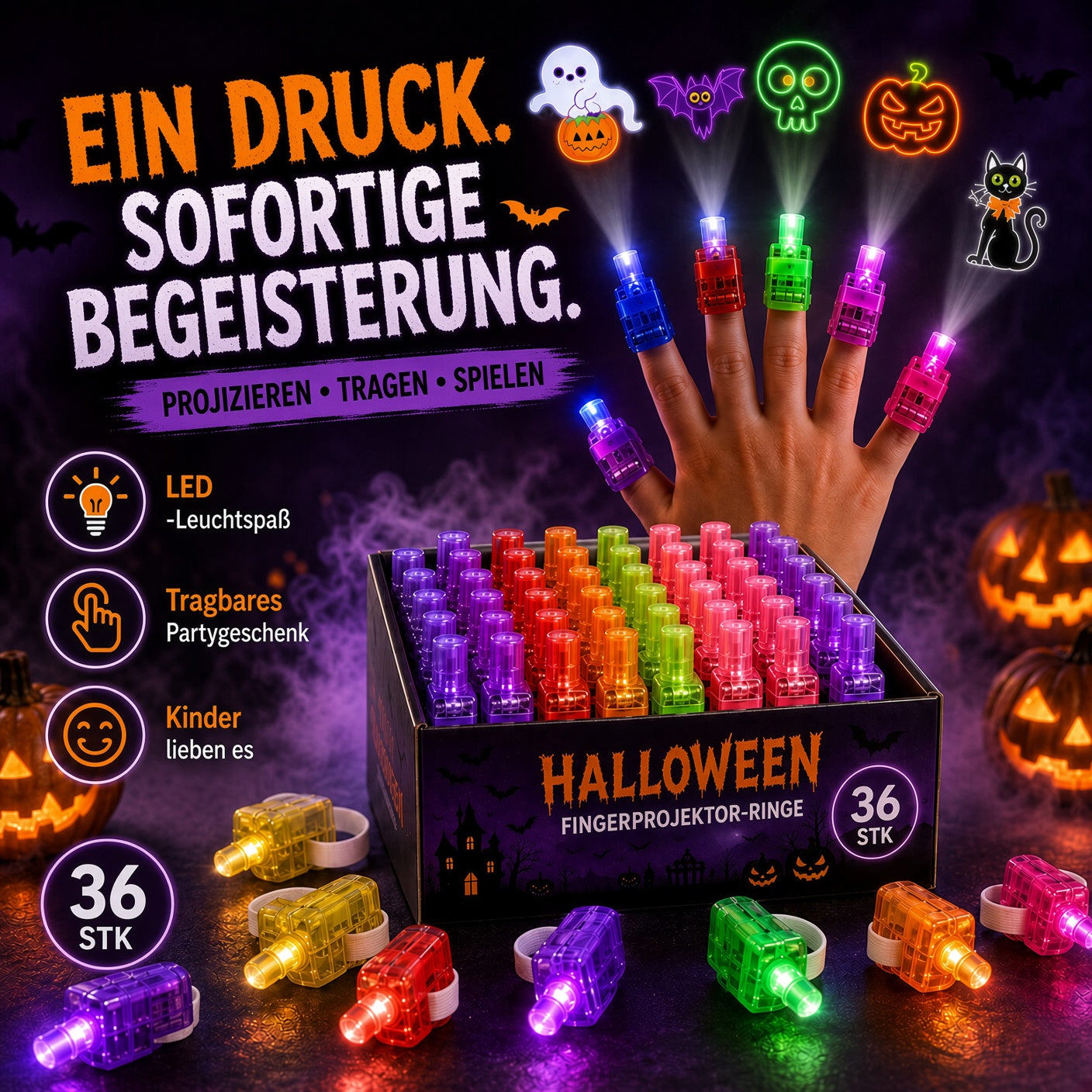 👻🎃 Halloween-Fingerprojektorringe – LED-Partymitgebsel für Kinder-HandPrint