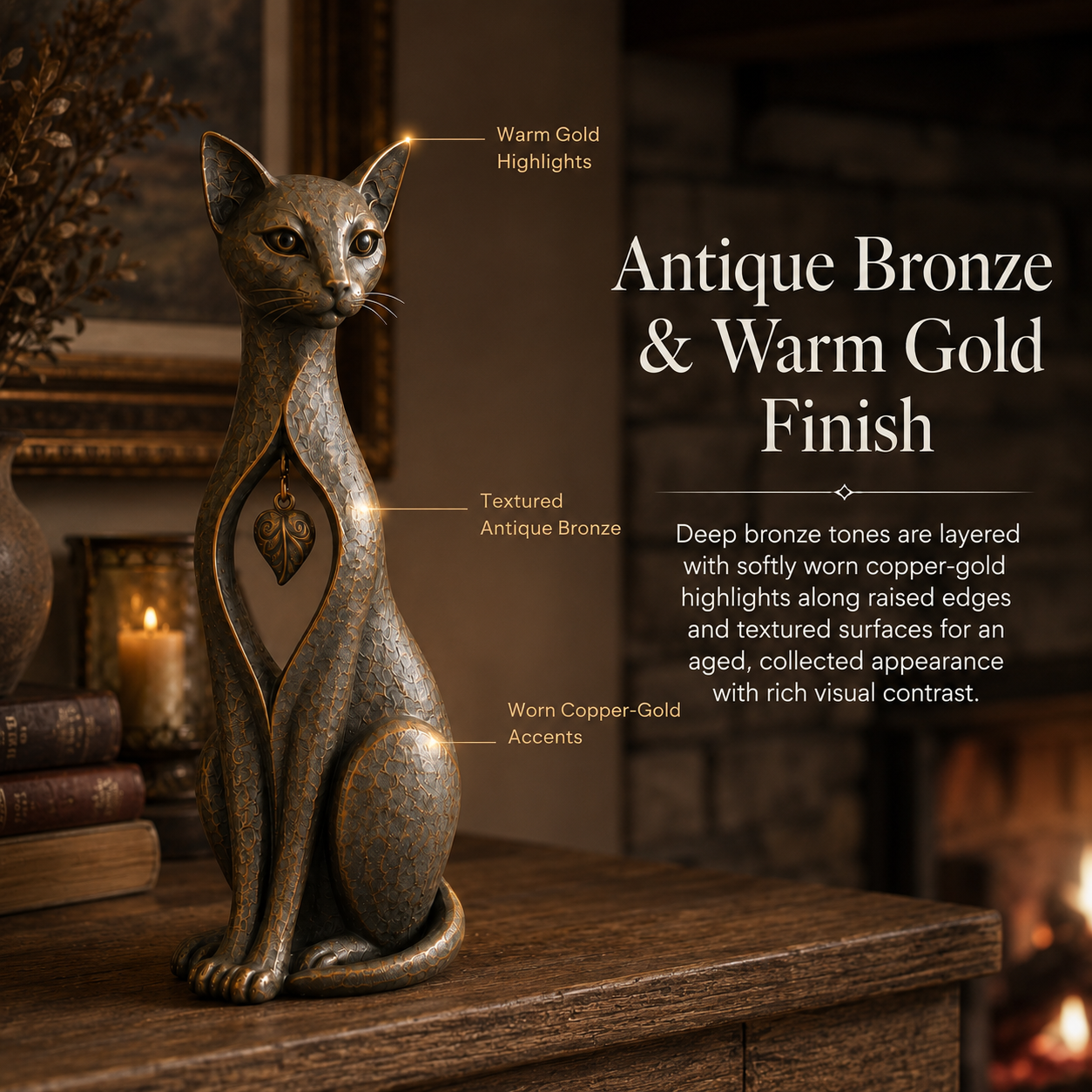 Vintage Bronze Cat Sculpture with Hanging Leaf Charm-HandPrint