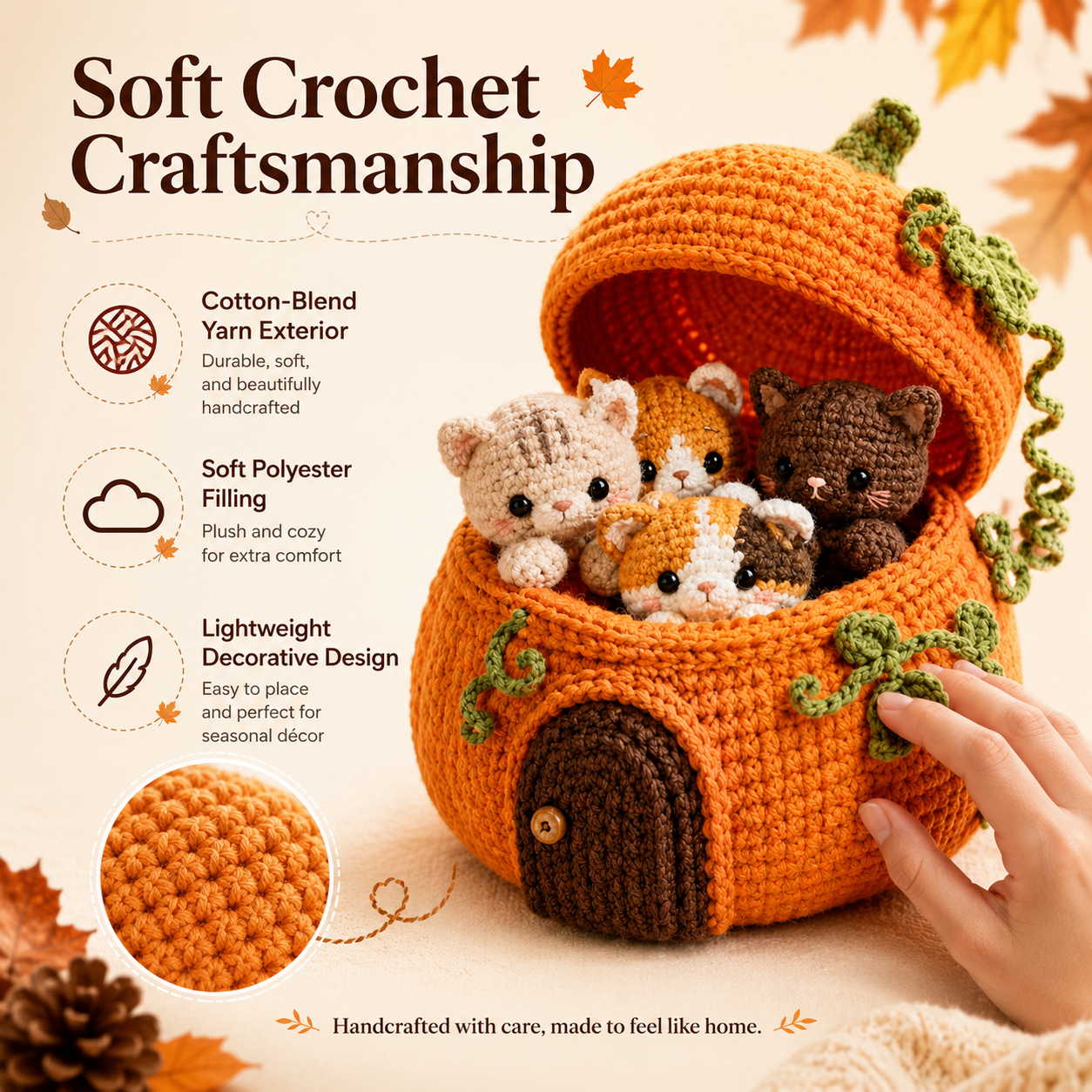 Crochet Pumpkin Cat House with 4 Kittens – Cute Fall & Halloween Home Decor, Cozy Cat Lover Gift 🐱🍂-HandPrint