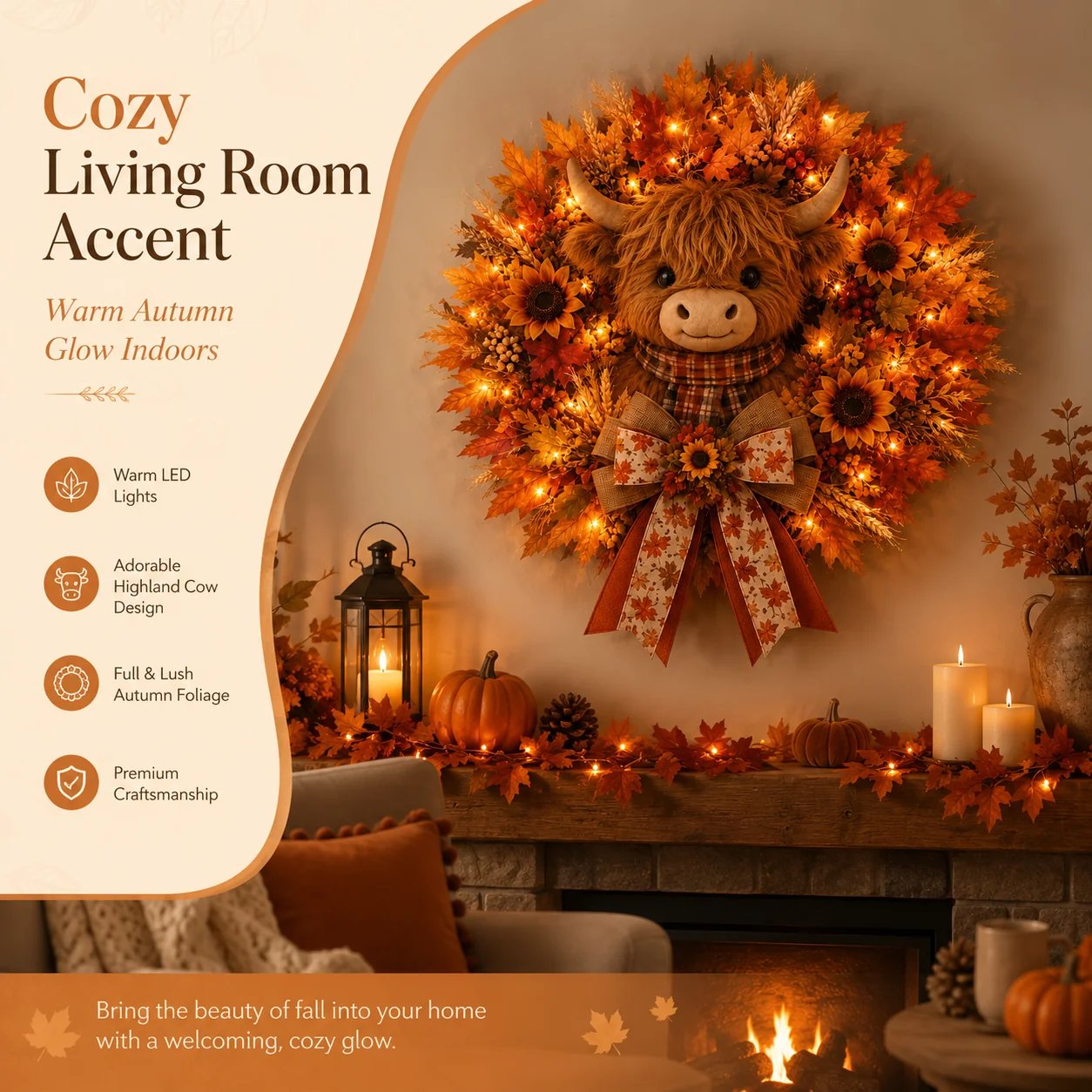 🍂🐮Autumn Highland cow wreath decoration with lights-HandPrint