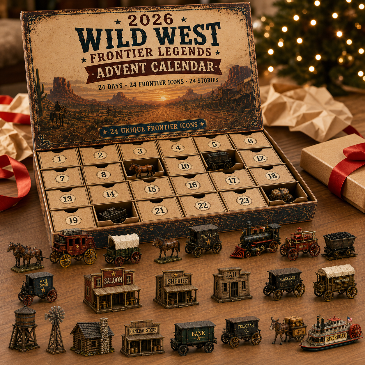 2026 Wild West Frontier Legends Advent Calendar – 24 Days of Old West Miniature Collectibles, Western Christmas Countdown Gift for History & Cowboy Fans-HandPrint