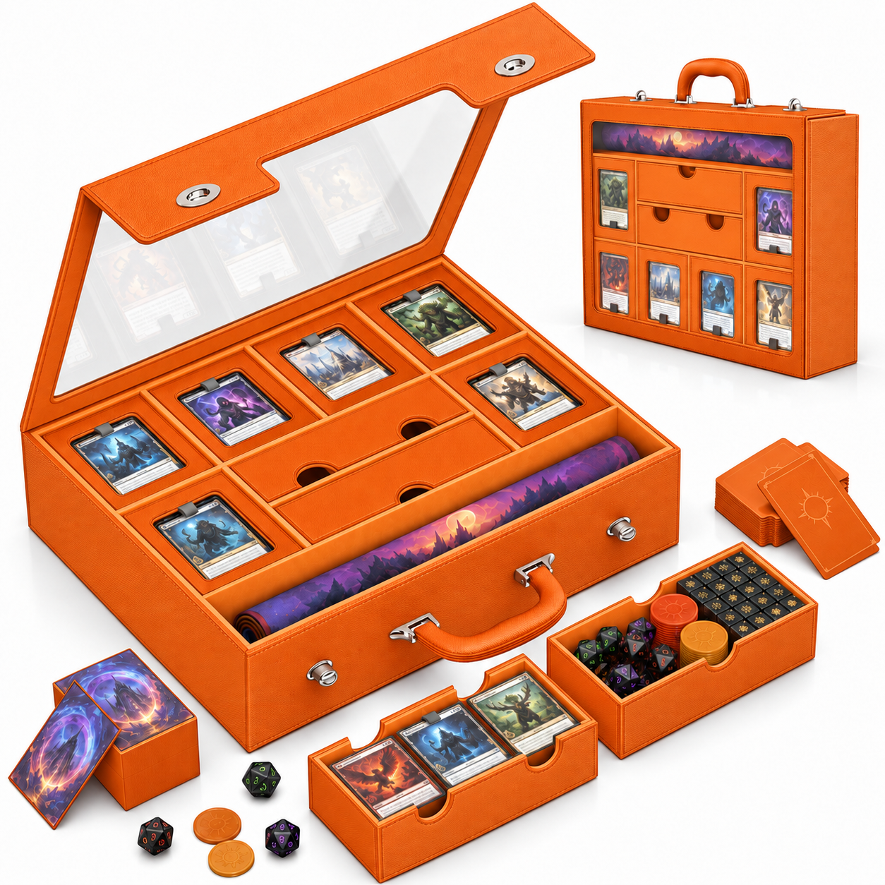 Modular 9-in-1 TCG Deck Box – Holds 6 Decks with Dice Tray, Magnetic Cases, Sleeves & Playmat-HandPrint