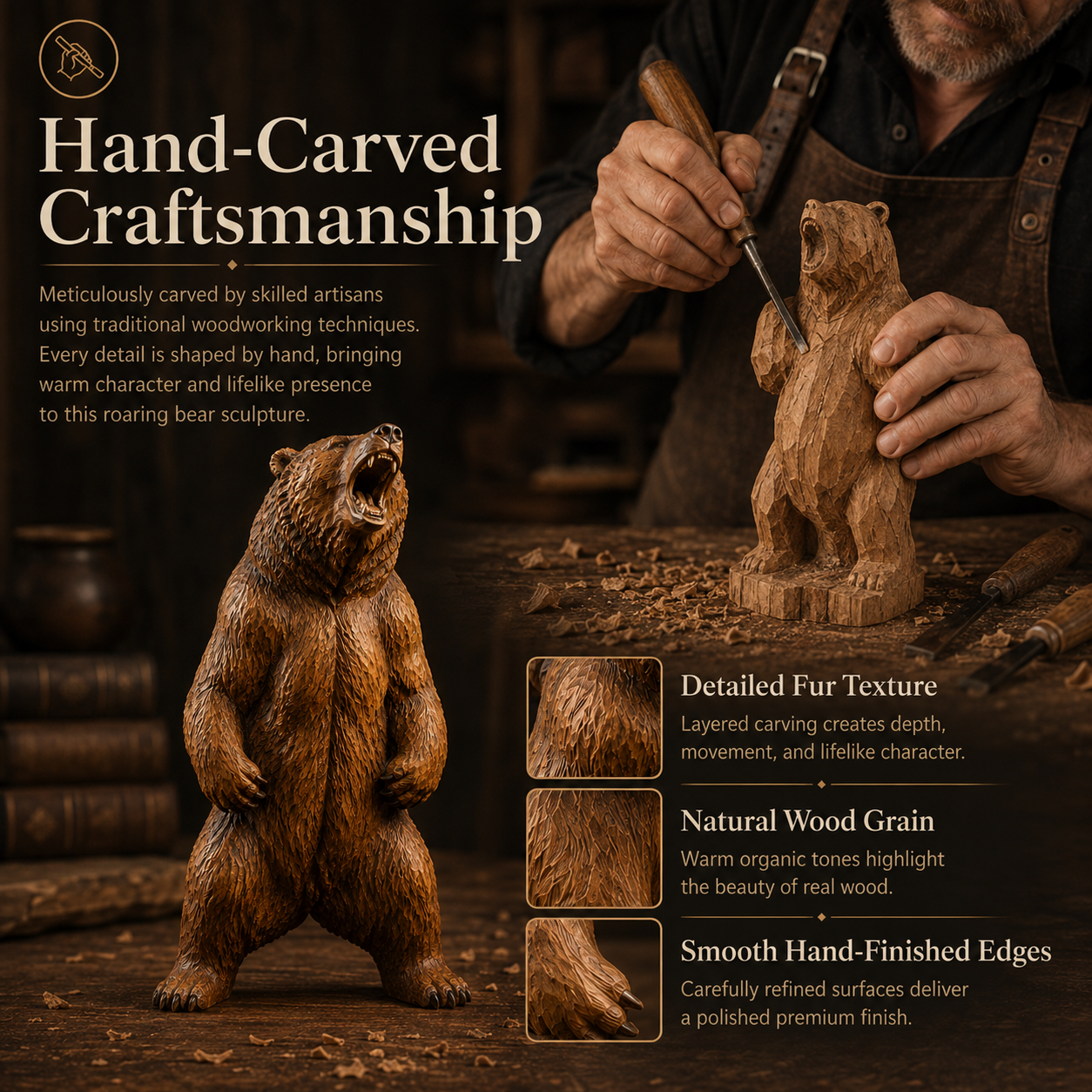 🐻 Powerful Roaring Bear Wood Sculpture-HandPrint
