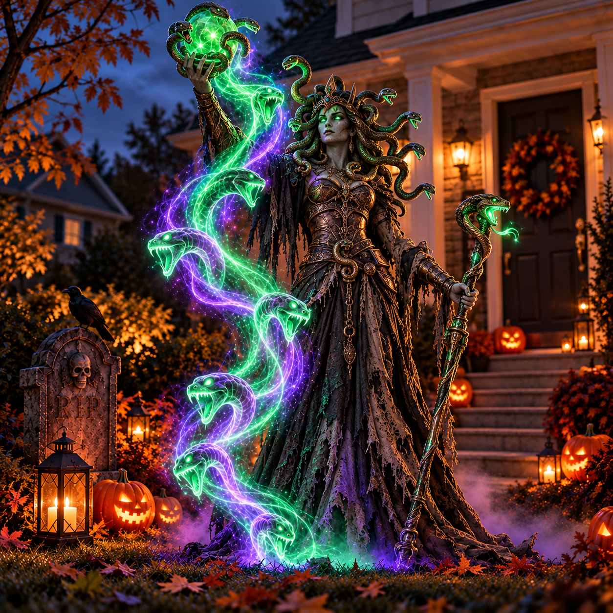 🐍💚 Serpent Queen Lighted Halloween Yard Decor – A Spellbinding Outdoor Showpiece-HandPrint