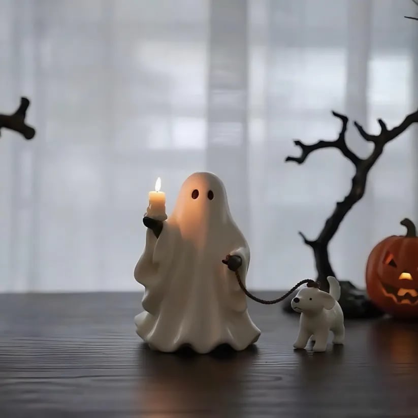 Ghost & Pup Candle Holder | Whimsical Halloween Figurine-HandPrint