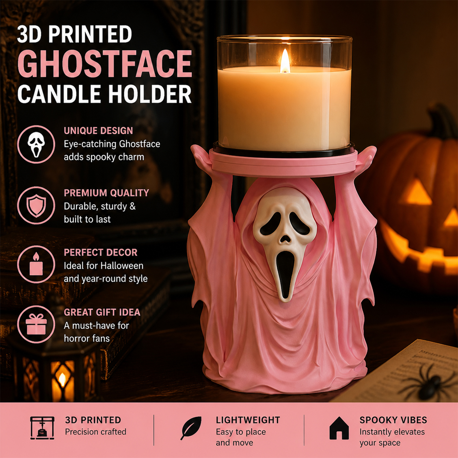 Halloween 3D-Printed Candle Holder, Spooky Gothic Candle Stand, Dark-Themed Tabletop Décor-HandPrint