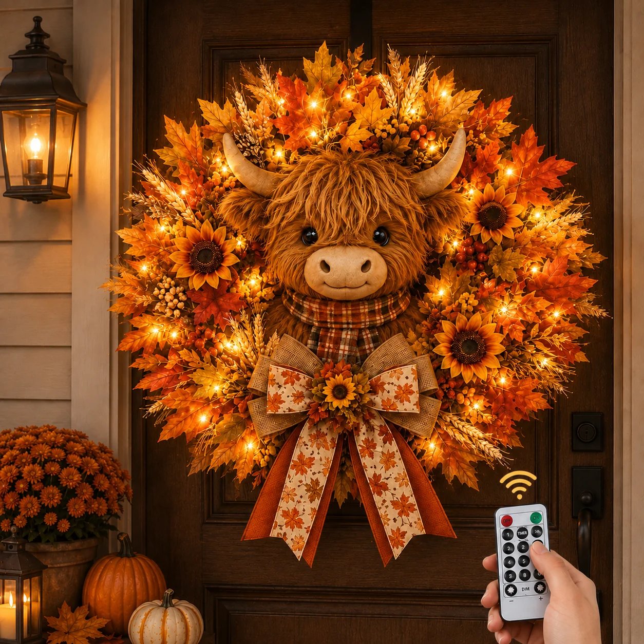 🍂🐮Autumn Highland cow wreath decoration with lights-HandPrint