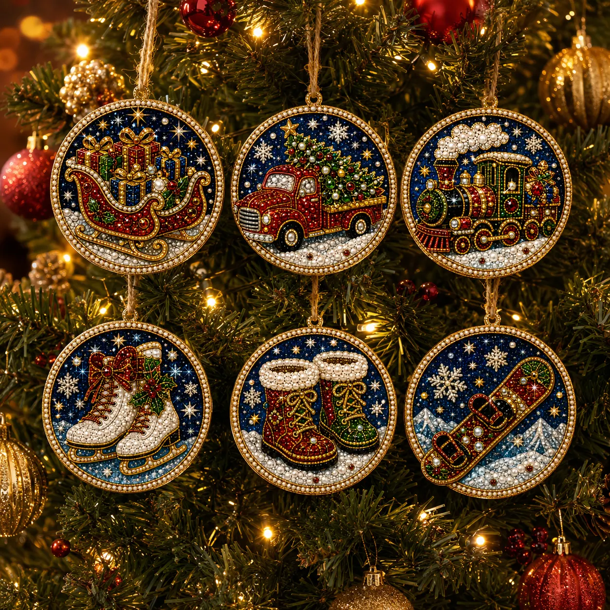 6 Pcs Christmas Wooden Ornaments DIY Pearls Diamond Painting Kit Rhinestone Art Pendants with Hemp Rope for Holiday Tree Decor-HandPrint