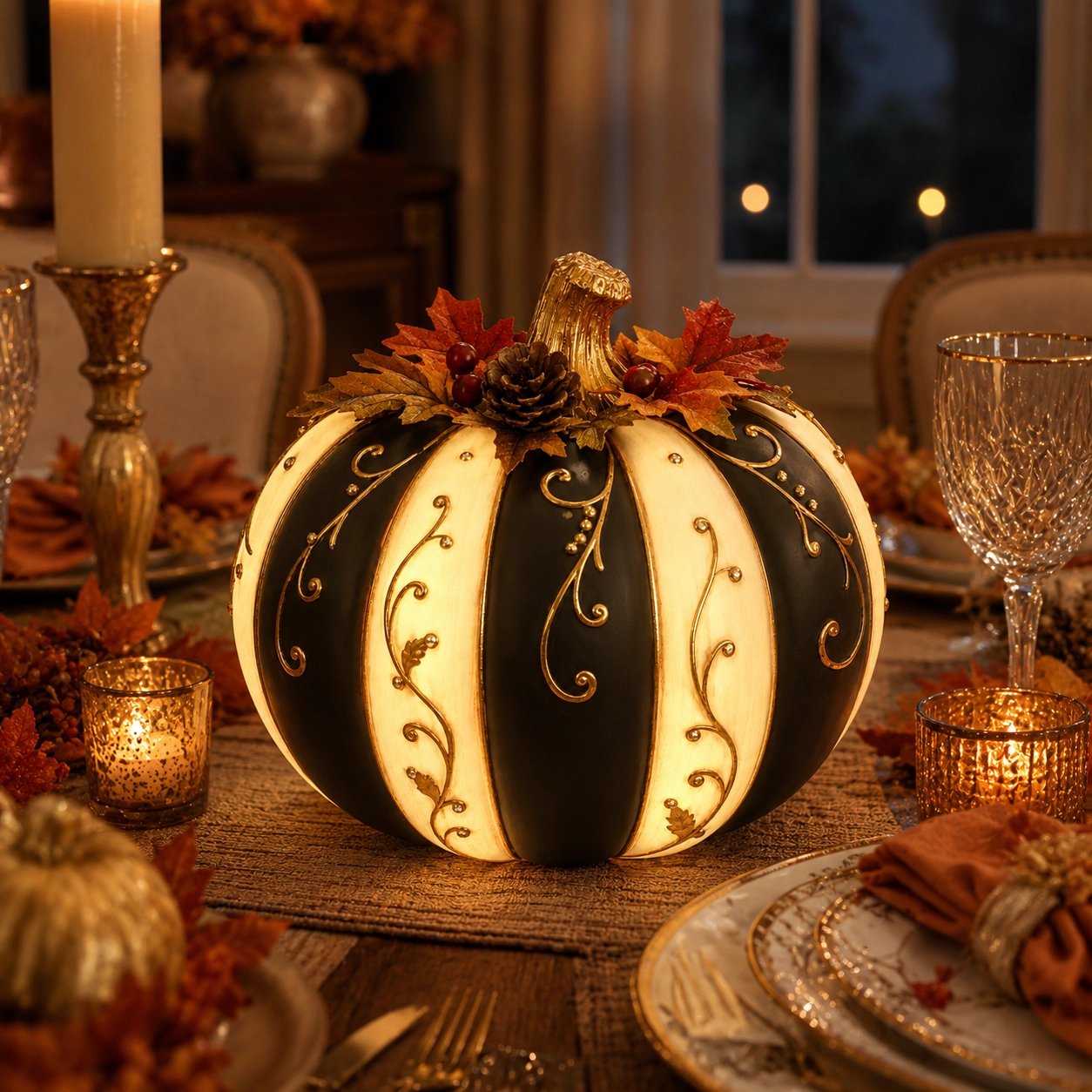 Lighted Black & Ivory Pumpkin Decor with Remote-HandPrint