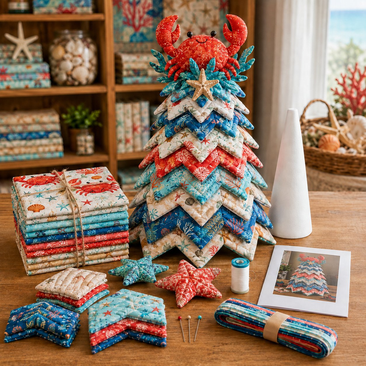 🌊 Ocean Dreams Layered Fabric Tree Craft Kit | Create a Freestanding Coastal Centerpiece with Coordinated Fabrics & Marine Topper 🐚✨-HandPrint