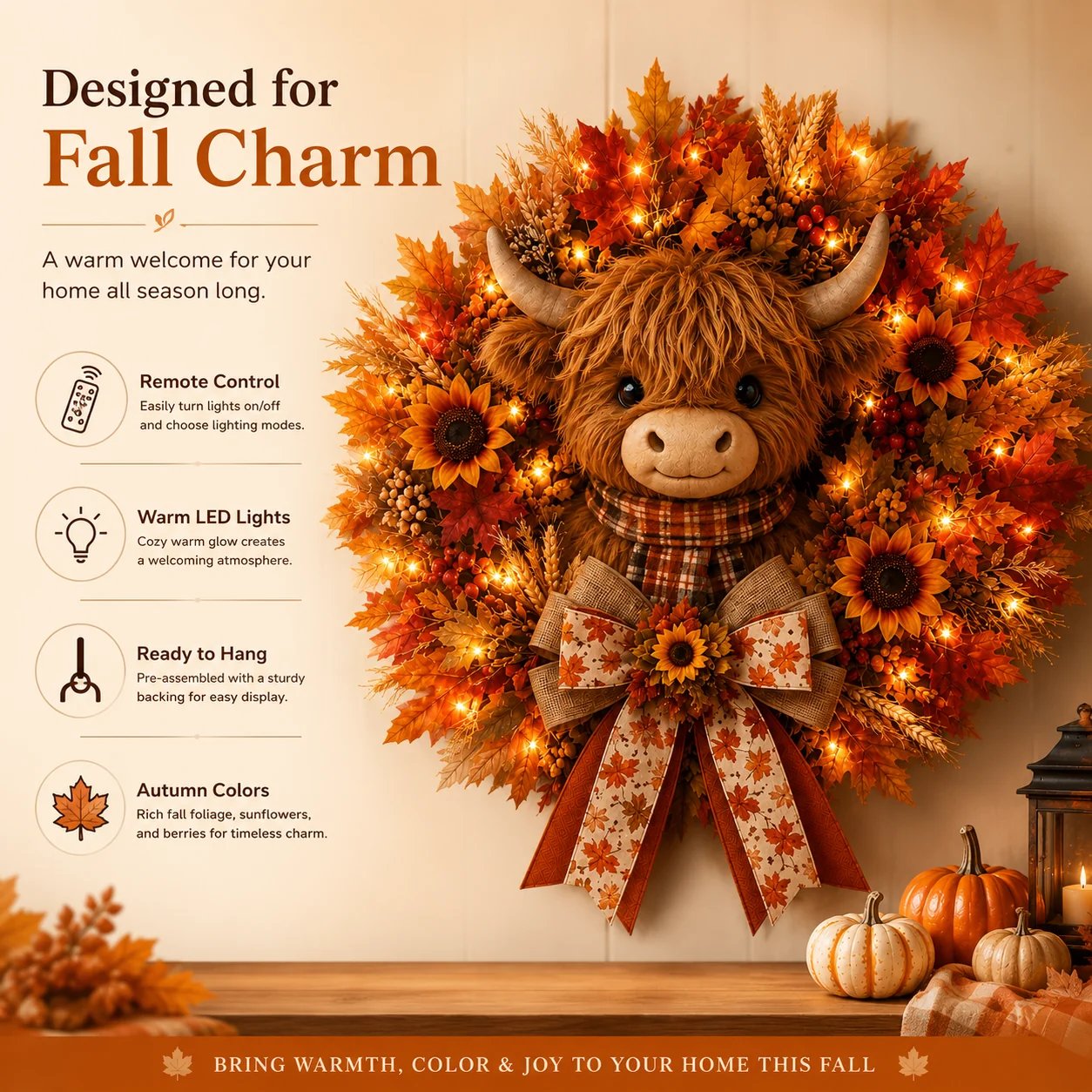 🍂🐮Autumn Highland cow wreath decoration with lights-HandPrint