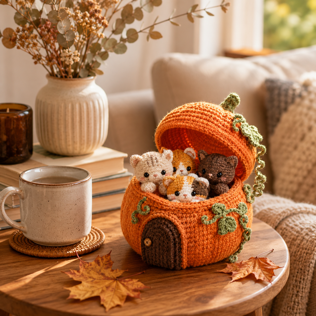 Crochet Pumpkin Cat House with 4 Kittens – Cute Fall & Halloween Home Decor, Cozy Cat Lover Gift 🐱🍂-HandPrint