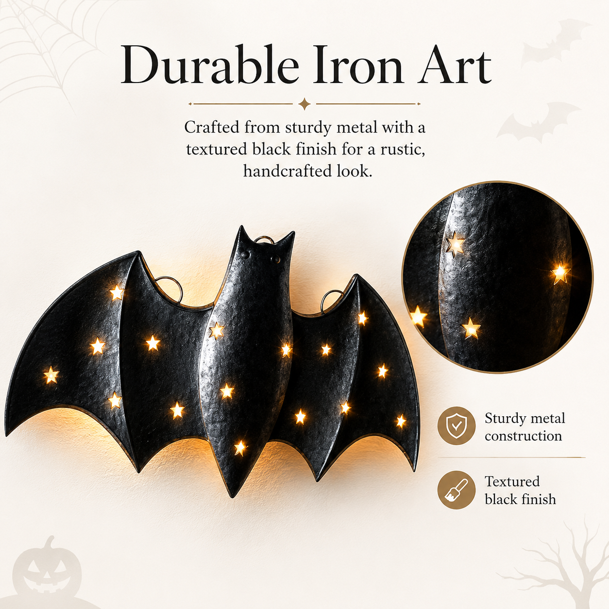 1pcs / Lighted Metal Bat Wall Decor -- 7.9 x 3.9 in Black Iron Bat Wall Hanging with Warm LED Glow-HandPrint