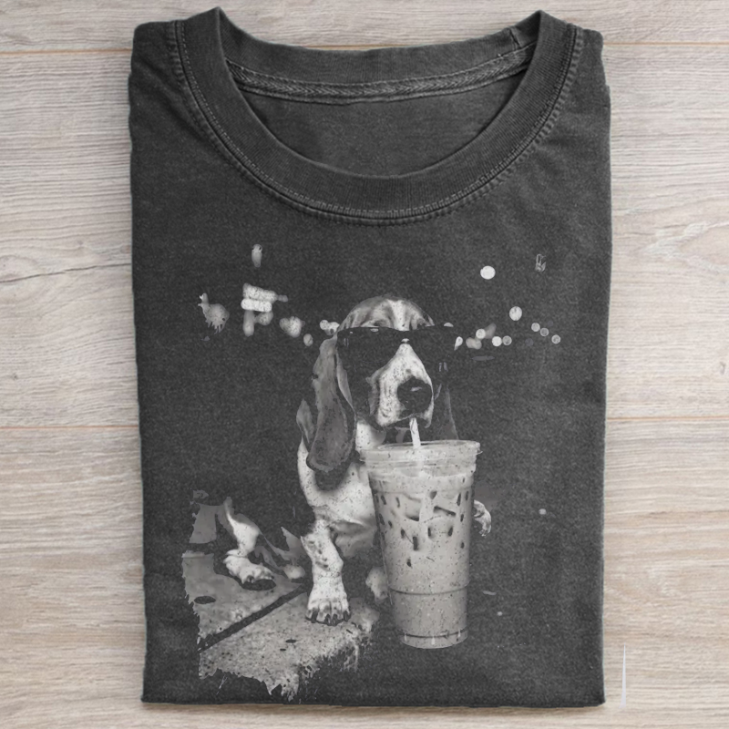 Basset Hound Drinking Iced Coffee T-shirt-NaturexCraft