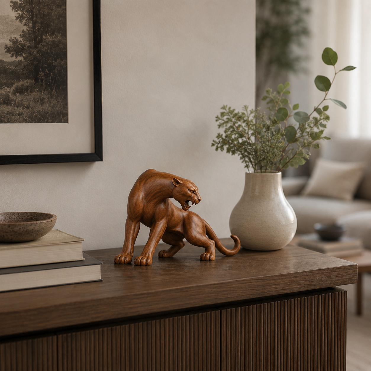 🐆 Wooden Panther Sculpture-HandPrint