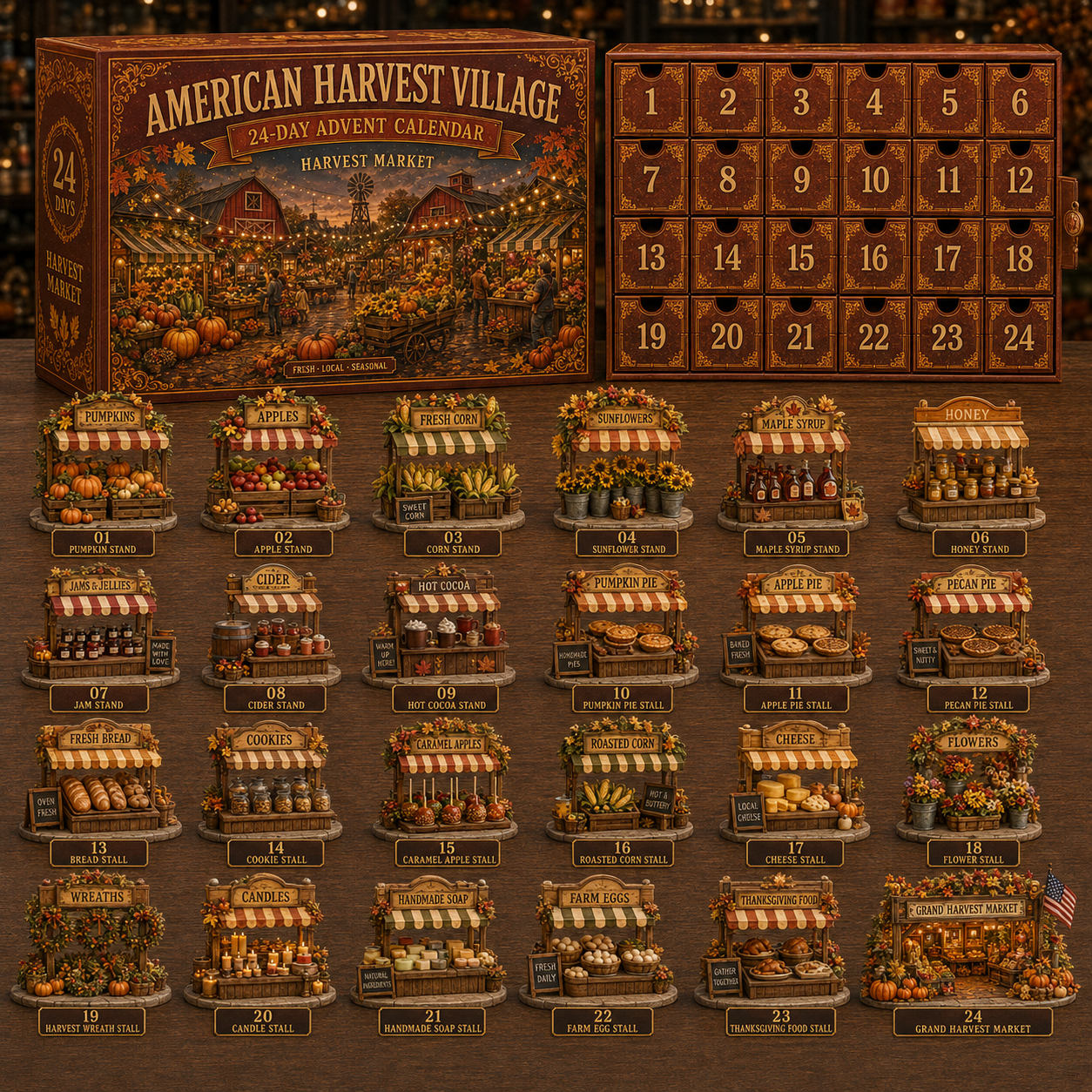🍂 2026 American Harvest Village Advent Calendar – 24 Collectible Miniatures, 4 Cozy Fall Farm Styles-HandPrint
