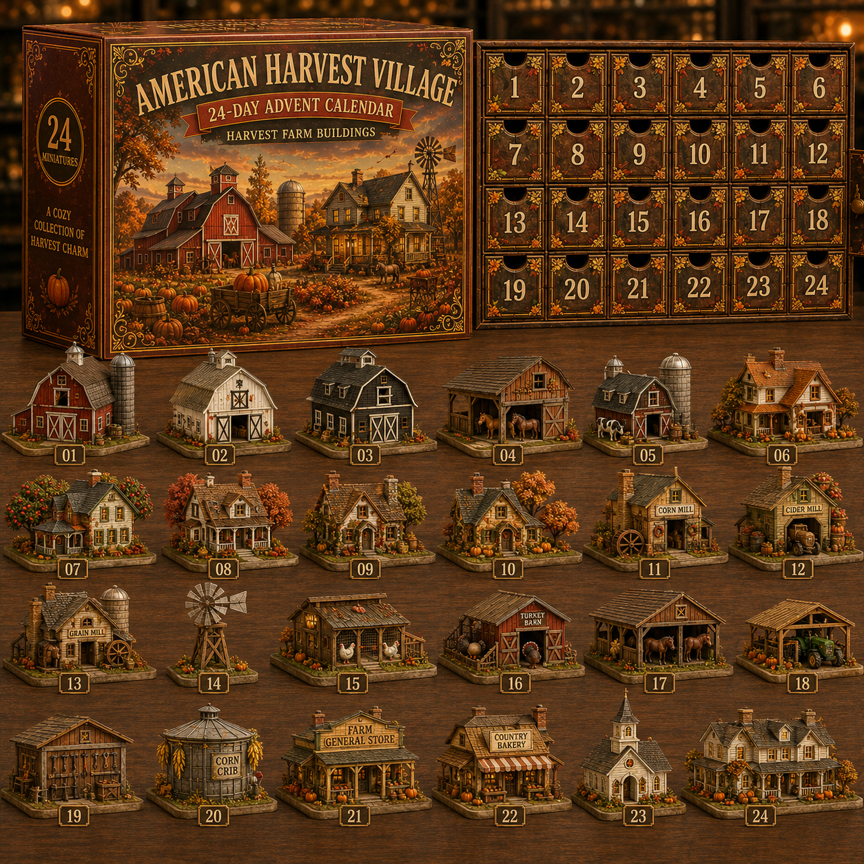🍂 2026 American Harvest Village Advent Calendar – 24 Collectible Miniatures, 4 Cozy Fall Farm Styles-HandPrint