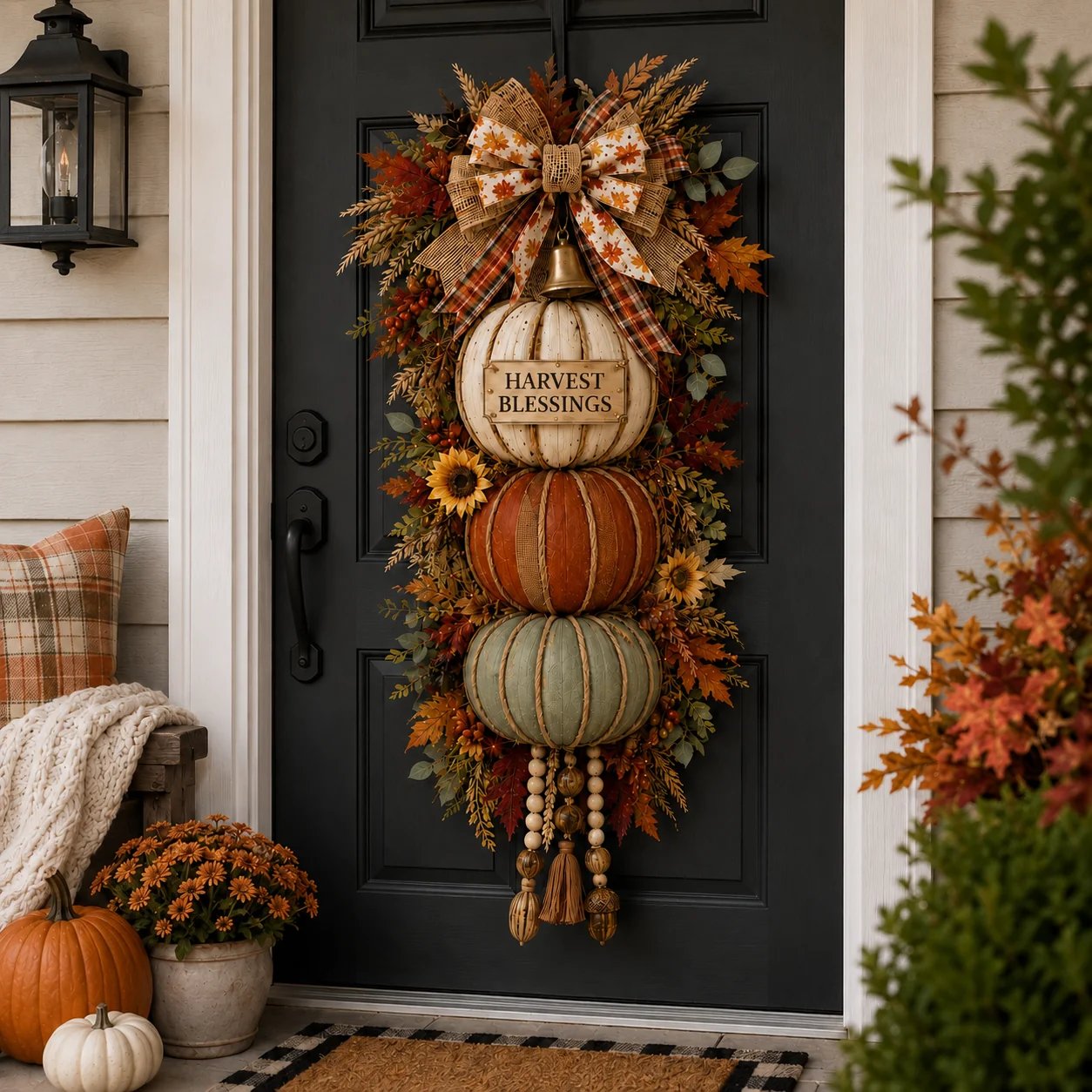 🏡🎃Lighted Stacked Pumpkin Fall Door Decor with 3 Seasonal Plaques-HandPrint