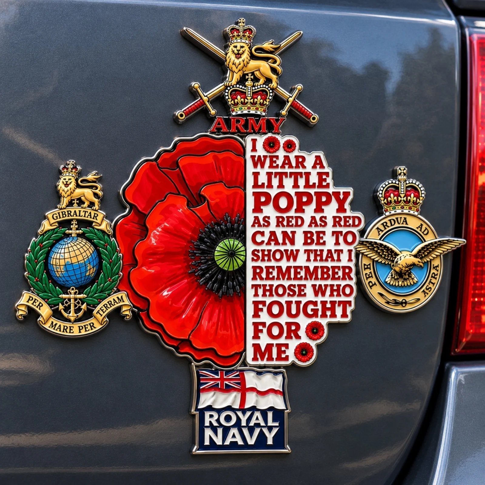 🌺 British Armed Forces “Lest We Forget” Remembrance Poppy Tribute Metal Car Emblem-HandPrint