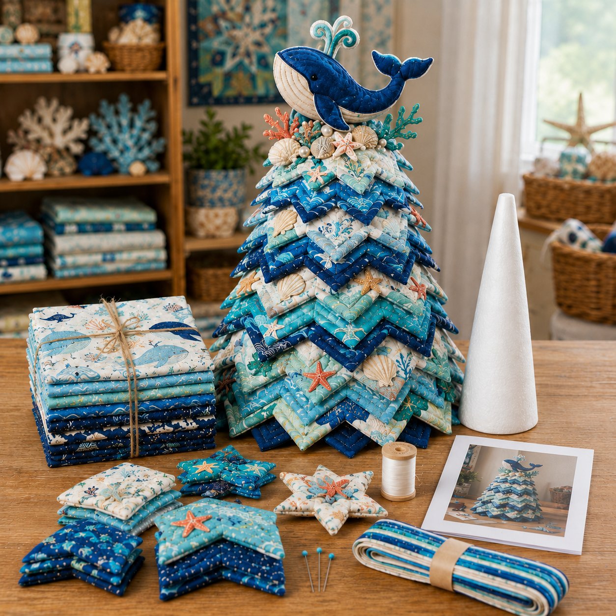 🌊 Ocean Dreams Layered Fabric Tree Craft Kit | Create a Freestanding Coastal Centerpiece with Coordinated Fabrics & Marine Topper 🐚✨-HandPrint
