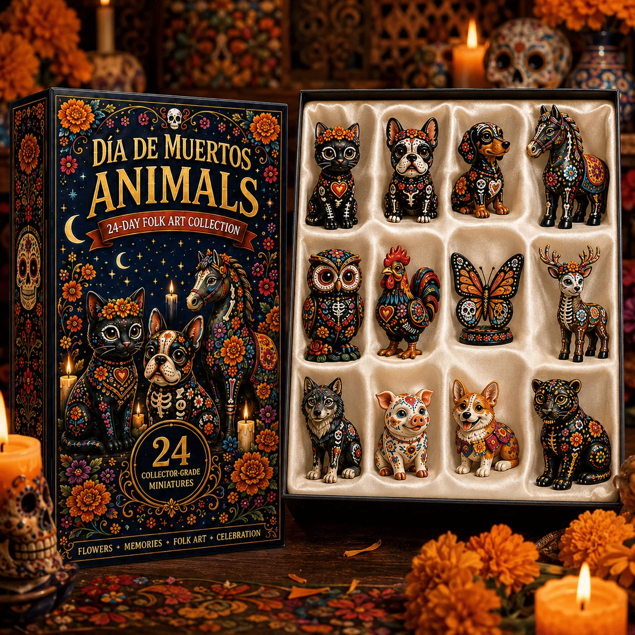 Día de Muertos Animals Advent Calendar 2026 – 24‐Day Folk Art Animal Figurine Collection | 24 Unique Collector‐Grade Miniatures-HandPrint