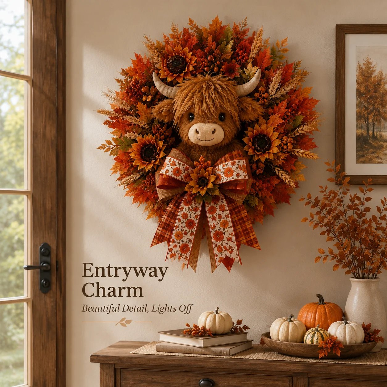 🍂🐮Autumn Highland cow wreath decoration with lights-HandPrint