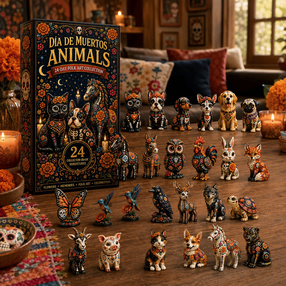 Día de Muertos Animals Advent Calendar 2026 – 24‐Day Folk Art Animal Figurine Collection | 24 Unique Collector‐Grade Miniatures-HandPrint