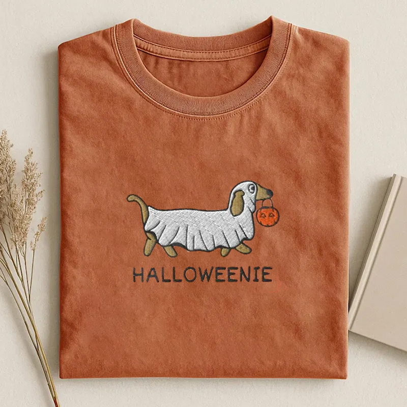 Embroidered Dachshund Halloween Ghost T-shirt-NaturexCraft