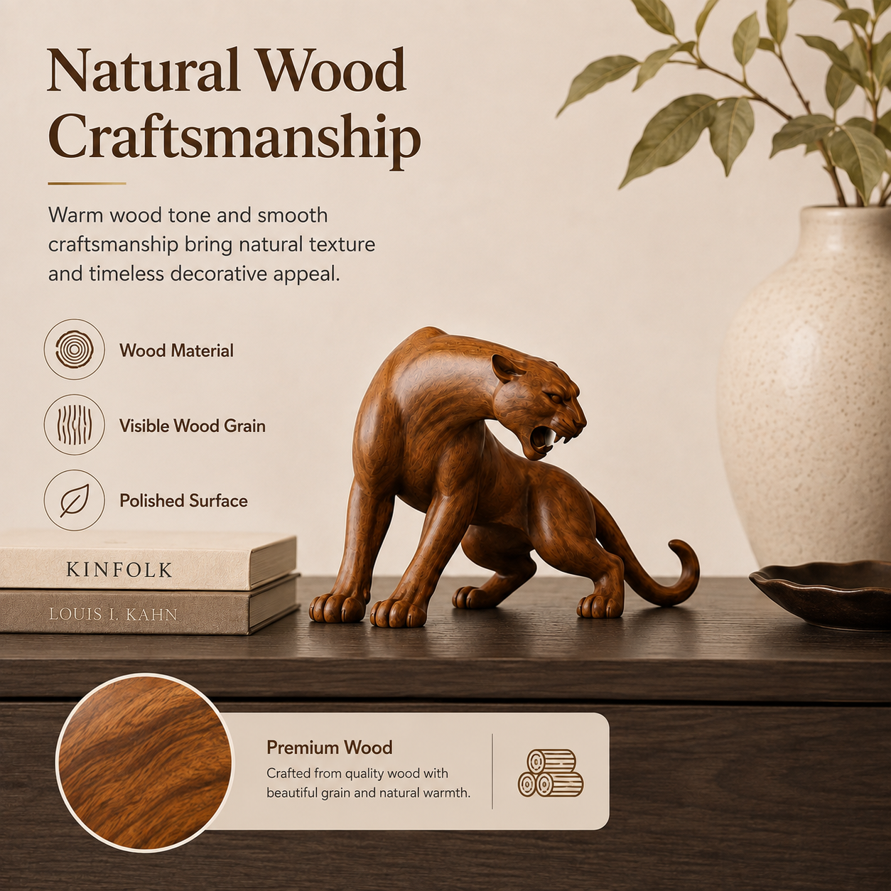 🐆 Wooden Panther Sculpture-HandPrint