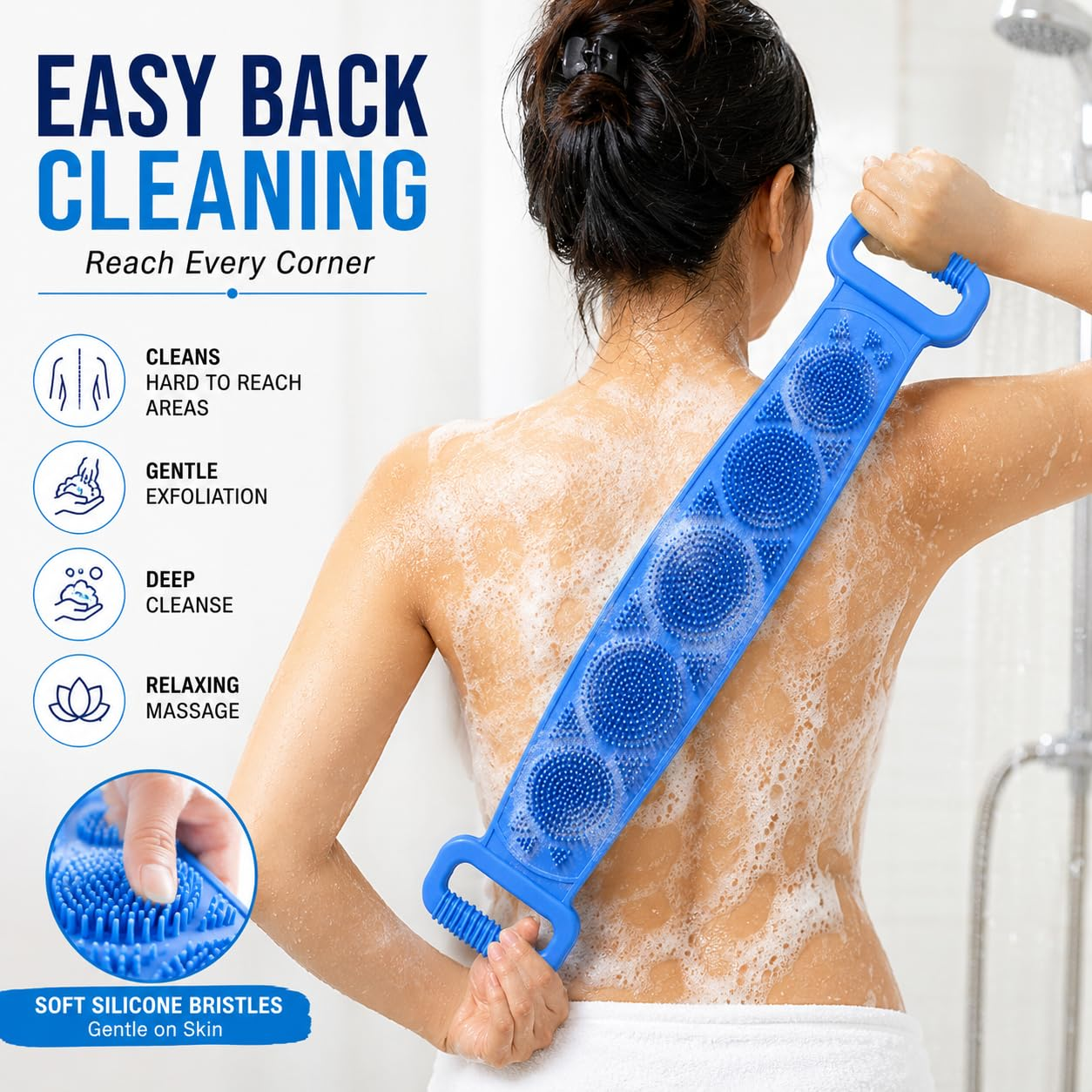 🧼Silicone Back Scrubber for Bath, Double-Sided Body Exfoliating Bath Brush with Soft Silicone Bristles-HandPrint