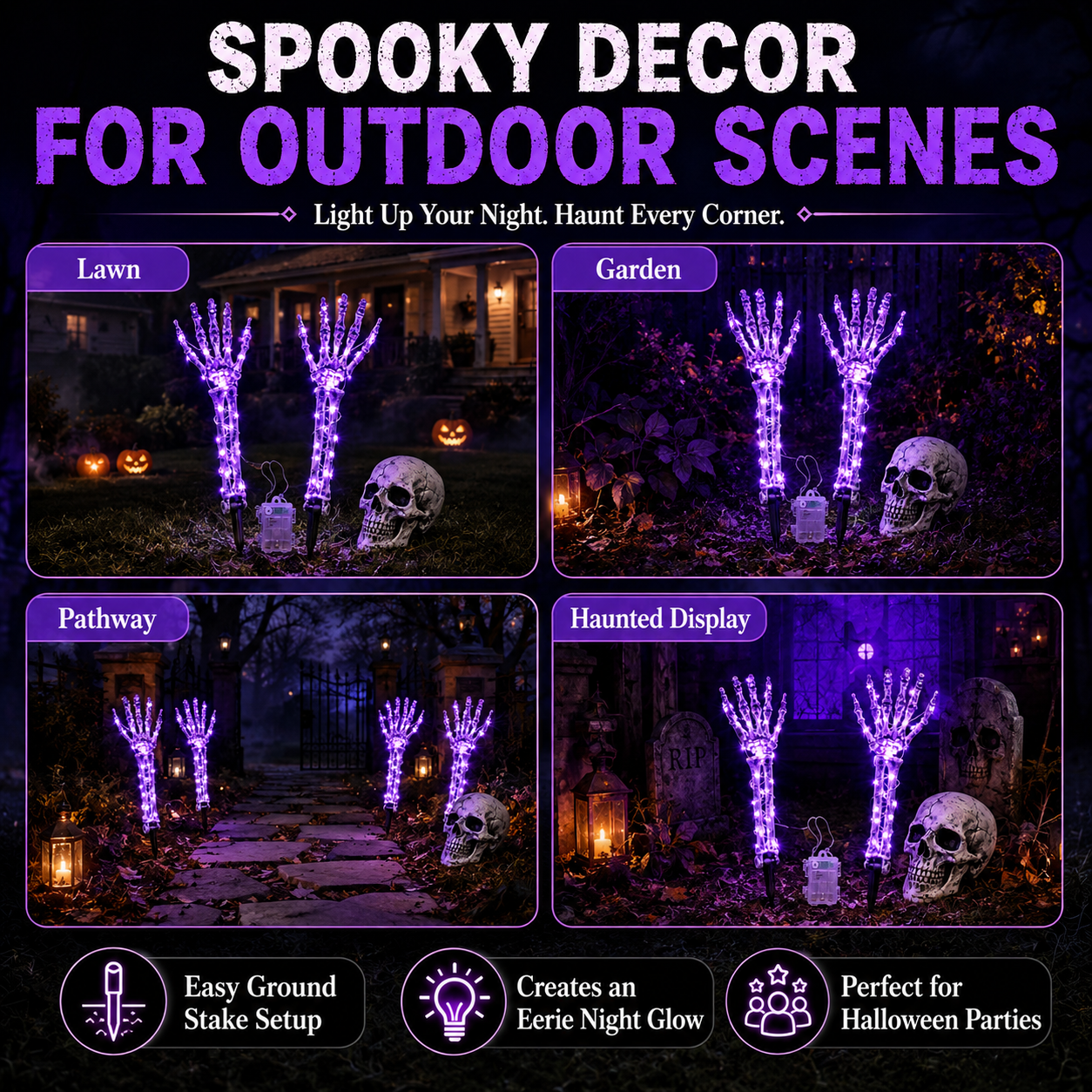 Halloween Skeleton Hands & Skull LED Yard Stakes-HandPrint