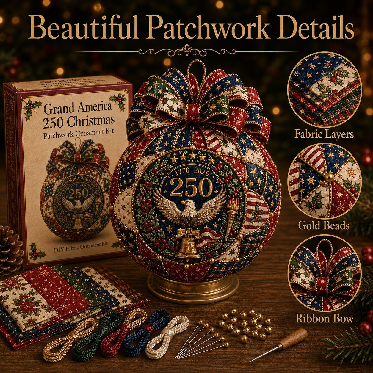 Beginner-Friendly USA 250th Anniversary Christmas Patchwork Ornament DIY Kit-HandPrint