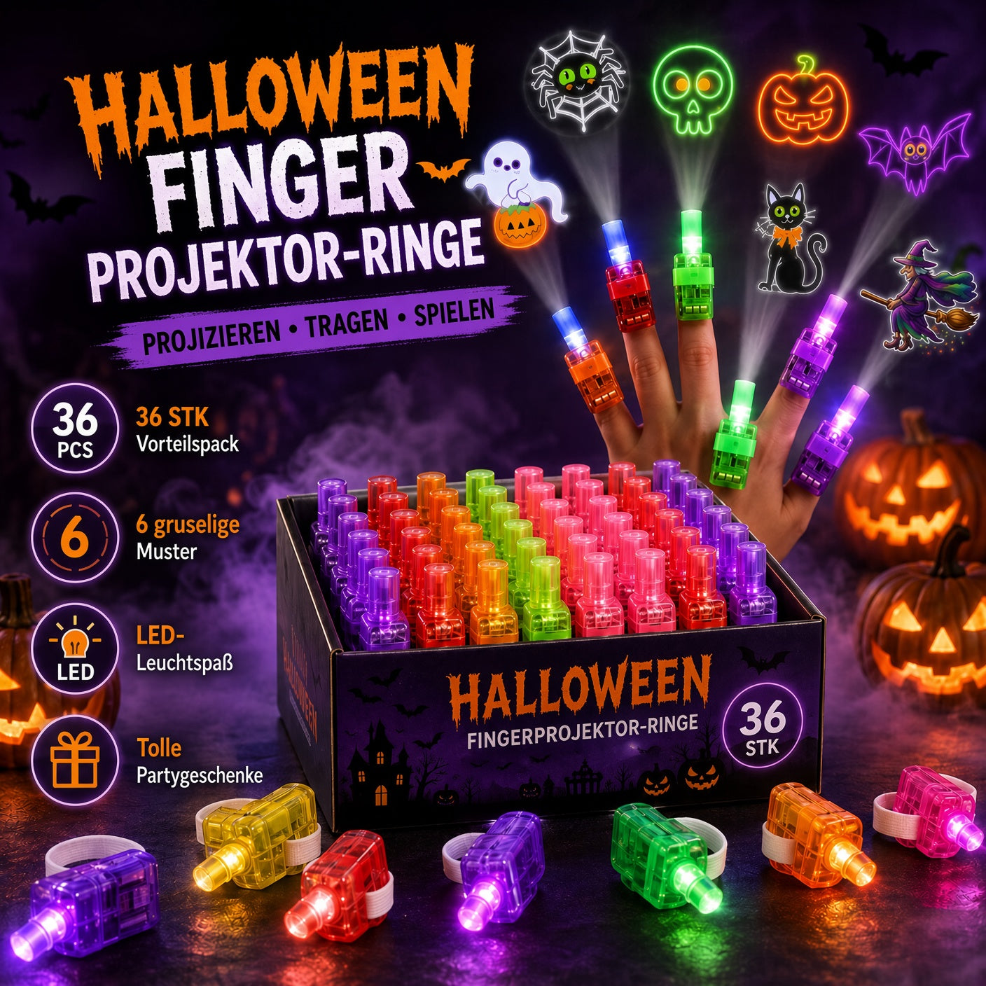👻🎃 Halloween-Fingerprojektorringe – LED-Partymitgebsel für Kinder-HandPrint